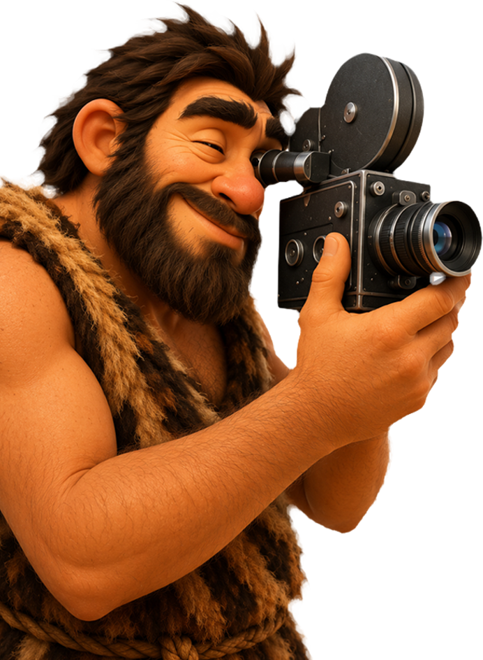 Caveman capturing story with vintage film camera