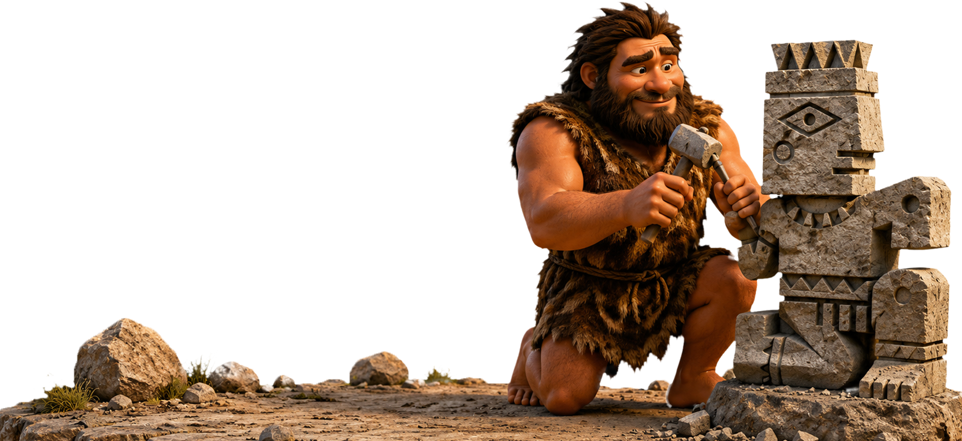 Caveman sculptor carving stone totem