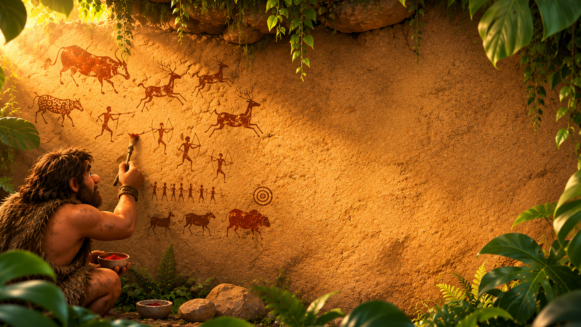Caveman artist painting ancient rock art on sunlit cave wall